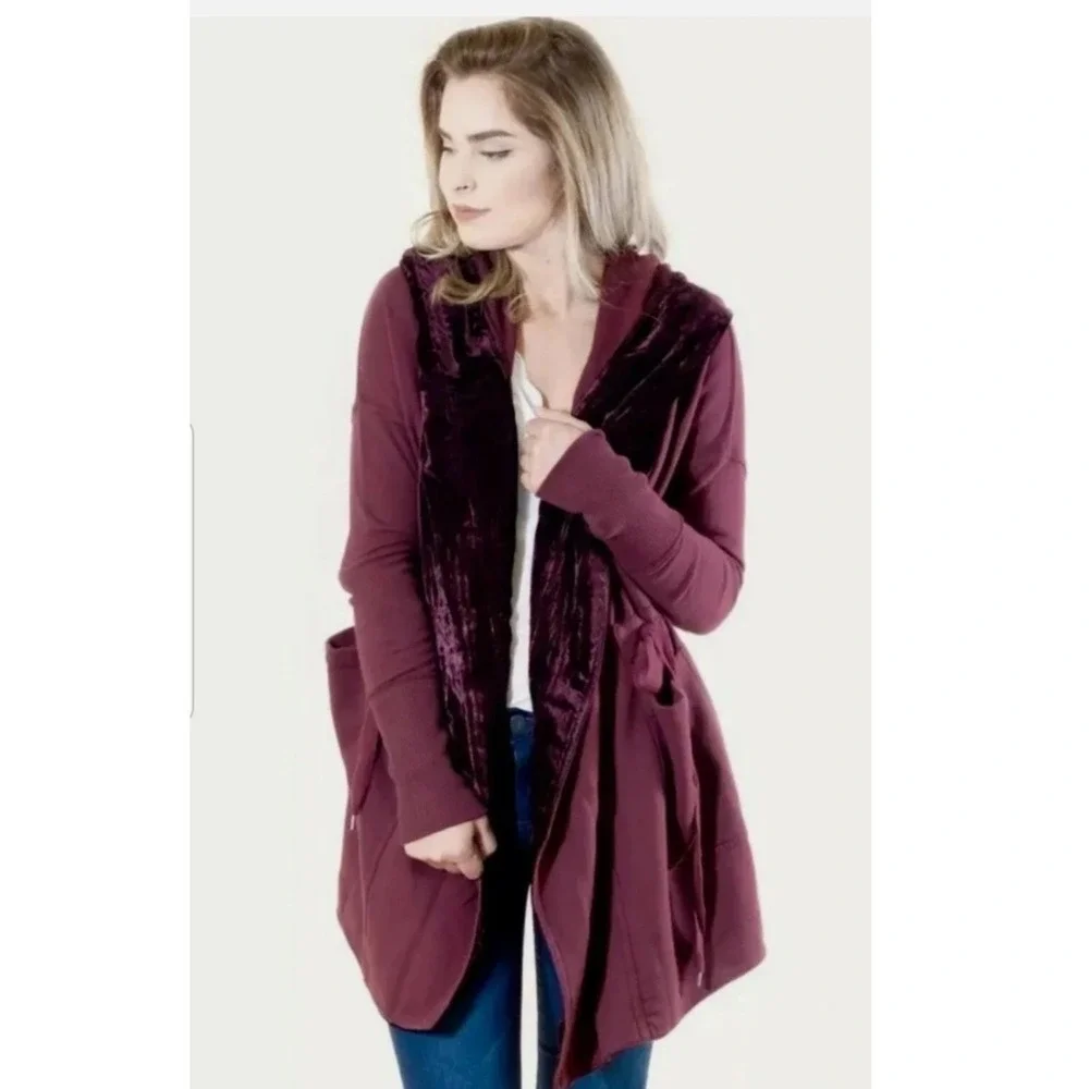 Free People Westwood Cardigan Size S Burgundy Velvet Trim Cloak Hood Dark Berry